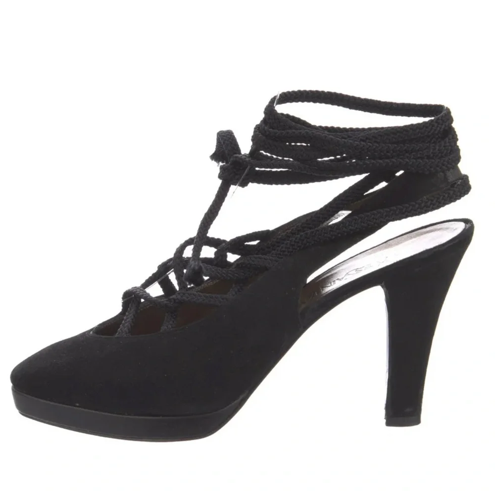 Yves Saint Laurent Dallas Vintage Black Suede Lace Up Ankle Wrap Pumps Size 6.5